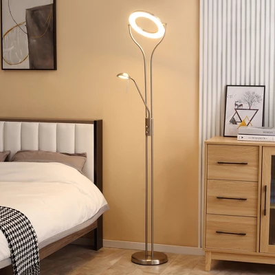 HOMCOM Modern LED 2 Light Floor Lamp, Tall Standing Lamp With Rotatable Ring Light And Height Adjustable Side Light For Living Room Or Bedroom, Silver 2 HOMCOM Modern LED 2 Light Floor Lamp, Tall Standing Lamp With Rotatable Ring Light And Height Adjustable Side Light For Living Room Or Bedroom, Silver - Image 2