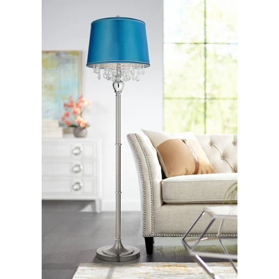 360 Lighting Modern Floor Lamp 62.5" Tall Satin Steel Chrome Crystal Strands Turquoise Satin Drum Shade For Living Room Reading Bedroom 1 360 Lighting Modern Floor Lamp 62.5" Tall Satin Steel Chrome Crystal Strands Turquoise Satin Drum Shade For Living Room Reading Bedroom