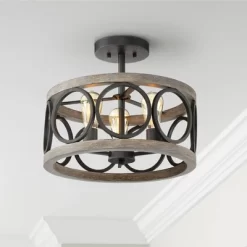 Franklin Iron Works Salima Rustic Farmhouse Ceiling Light Semi Flush Mount 16" Wide Black Gray Wood 3-Light For Bedroom Kitchen Living Room Hallway