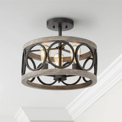Franklin Iron Works Salima Rustic Farmhouse Ceiling Light Semi Flush Mount 16" Wide Black Gray Wood 3-Light For Bedroom Kitchen Living Room Hallway 1 Franklin Iron Works Salima Rustic Farmhouse Ceiling Light Semi Flush Mount 16" Wide Black Gray Wood 3-Light For Bedroom Kitchen Living Room Hallway