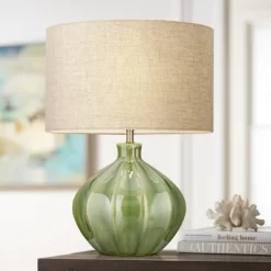 360 Lighting Gordy Modern Accent Table Lamp Handcrafted 20 1/2" High Ribbed Green Ceramic Oatmeal Fabric Drum Shade For Bedroom Living Room Bedside
