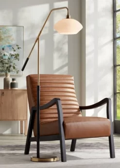 Possini Euro Design Modern Arc Floor Lamp 63 1/2" Tall Warm Gold Black Metal Milky White Glass Shade For Living Room Reading House