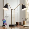 Possini Euro Design Sentry Modern Mid Century Desk Lamp 23" High Black Brass With USB Charging Port LED Adjustable Cone Shade For Bedroom Living Room