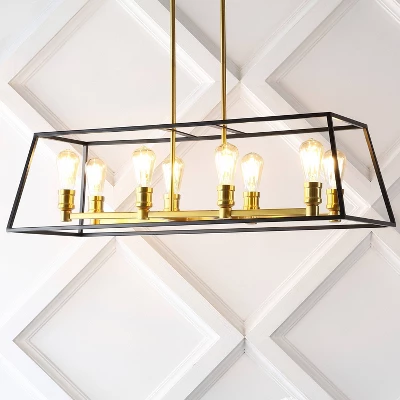 35" 8-Light Liane Farmhouse Industrial Iron Linear LED Pendant Black/Brass Gold - JONATHAN Y 4 35" 8-Light Liane Farmhouse Industrial Iron Linear LED Pendant Black/Brass Gold - JONATHAN Y - Image 4