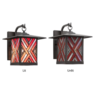 11.75" Stained Glass 1-Light Geometric Bronze Outdoor Lantern Wall Sconce - River Of Goods 4 11.75" Stained Glass 1-Light Geometric Bronze Outdoor Lantern Wall Sconce - River Of Goods - Image 4