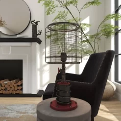 10" X 21" Industrial Accent Lamp With Iron Wire Cage Shade Red/Black - Olivia & May -Lighting Specialty Shop GUEST b9c3ab70 78be 467d 9e36 384650e7329a