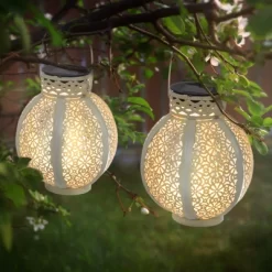 Set Of 2 Solar Outdoor Lights - Hanging Or Tabletop Rechargeable LED Lantern Set With 2 Shepherd Hooks For Outdoor Decor By Pure Garden (White) -Lighting Specialty Shop GUEST bdf869ad 889c 47fc 9869 9ab2932704df