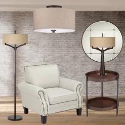 Regency Hill Sylvan Modern Ceiling Light Semi Flush Mount Fixture 14" Wide Bronze 3-Light Oatmeal Fabric Drum Shade For Bedroom Kitchen Living Room -Lighting Specialty Shop GUEST bf13db88 b0e3 440c 8c47 5d9950a0d8e3