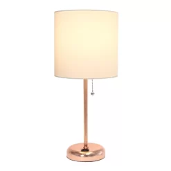 19.5" Bedside Power Outlet Base Metal Table Desk Lamp Rose Gold With White Fabric Shade - Creekwood Home