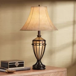 Franklin Iron Works Traditional Table Lamps 33" Tall Set Of 2 With Nightlight Brushed Iron Urn Beige Fabric Shade For Living Room Bedroom -Lighting Specialty Shop GUEST bf774987 8d6f 4b77 afb8 68cbfc19995f