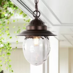 8.25" 1-Light Manteo Farmhouse Industrial Iron/Glass Outdoor LED Pendant Oil Rubbed Bronze/Clear - JONATHAN Y