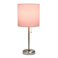 19.5" Bedside Power Outlet Base Metal Table Desk Lamp Brushed Steel With Fabric Shade Light Pink - Creekwood Home