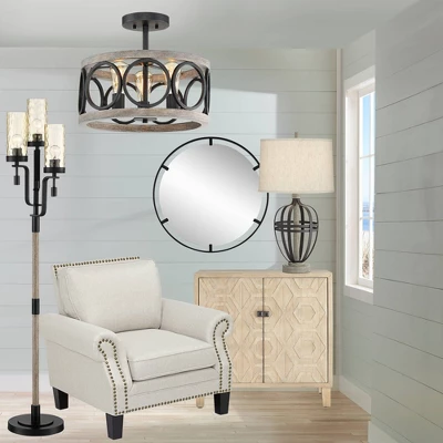 Franklin Iron Works Salima Rustic Farmhouse Ceiling Light Semi Flush Mount 16" Wide Black Gray Wood 3-Light For Bedroom Kitchen Living Room Hallway 8 Franklin Iron Works Salima Rustic Farmhouse Ceiling Light Semi Flush Mount 16" Wide Black Gray Wood 3-Light For Bedroom Kitchen Living Room Hallway - Image 8