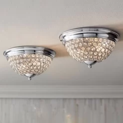 Possini Euro Design Faith Modern Ceiling Light Flush Mount Fixtures 11" Wide Set Of 2 Chrome 2-Light Crystal For Bedroom Kitchen Living Room Hallway