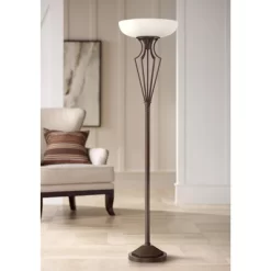 Franklin Iron Works Torchiere Floor Lamp LED 73" Tall Oil Rubbed Bronze Caged Frosted Glass Shade For Living Room Bedroom Office Uplight