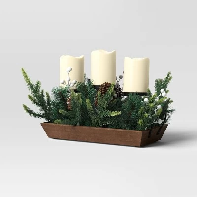 Battery Operated Flameless Pillar Candle And Black Candle Holder In Wood Tray With Faux Christmas Greenery - Wondershop™ 3 Battery Operated Flameless Pillar Candle And Black Candle Holder In Wood Tray With Faux Christmas Greenery - Wondershop™ - Image 3