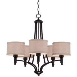 Franklin Iron Works La Pointe Oil Rubbed Bronze Pendant Chandelier 26" Wide Rustic Oatmeal Linen Shade 5-Light Fixture For Dining Room Kitchen Island -Lighting Specialty Shop GUEST d3568520 e7b6 415b 845e b4ceddc67fe8