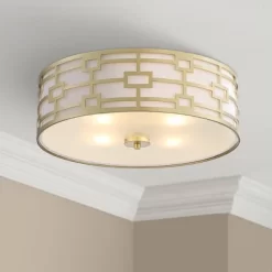 Stiffel Modern Art Deco Ceiling Light Flush Mount Fixture Gold 18" Wide Open Grid Fabric Drum Shade Bedroom Kitchen