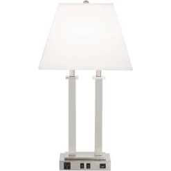 Possini Euro Design Amity Modern Table Lamp 26" High Brushed Nickel With USB And AC Power Outlet In Base White Linen Shade For Bedroom Bedside Desk -Lighting Specialty Shop GUEST dafc328e ce07 460d a29e 39808d233350