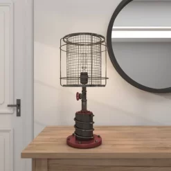 10" X 21" Industrial Accent Lamp With Iron Wire Cage Shade Red/Black - Olivia & May -Lighting Specialty Shop GUEST db700367 7252 4f03 b899 767a0d8257d3