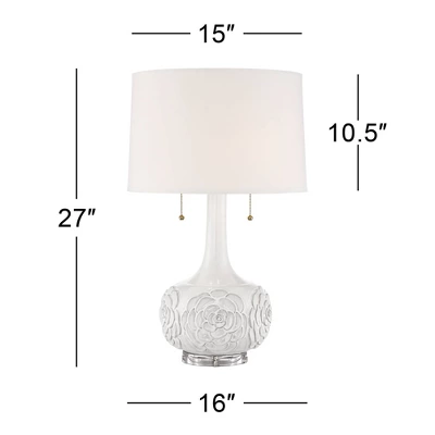 Possini Euro Design Natalia Modern Country Cottage Table Lamp With Square Riser 28 1/2" Tall White Floral Ceramic Drum Shade For Bedroom Living Room 4 Possini Euro Design Natalia Modern Country Cottage Table Lamp With Square Riser 28 1/2" Tall White Floral Ceramic Drum Shade For Bedroom Living Room - Image 4