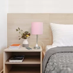 19.5" Bedside Power Outlet Base Metal Table Desk Lamp Brushed Steel With Fabric Shade Light Pink - Creekwood Home -Lighting Specialty Shop GUEST e6d28037 e795 4aa1 9c00 22cc5a7759fa
