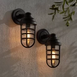 John Timberland Marlowe Industrial Outdoor Wall Light Fixtures Set Of 2 Bronze Metal Cage 13 1/4" Clear Glass For Post Exterior Barn Deck House Porch -Lighting Specialty Shop GUEST eaf0043e 3f61 4081 85a5 d2715d324e33