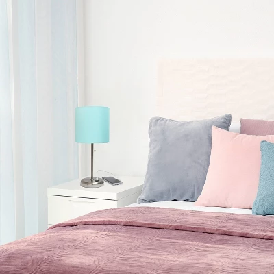 19.5" Bedside USB Port Feature Metal Table Desk Lamp Brushed Steel With Aqua Blue Fabric Shade - Creekwood Home 5 19.5" Bedside USB Port Feature Metal Table Desk Lamp Brushed Steel With Aqua Blue Fabric Shade - Creekwood Home - Image 5