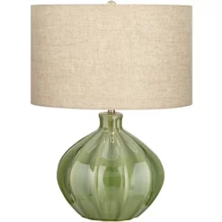 360 Lighting Gordy Modern Accent Table Lamp Handcrafted 20 1/2" High Ribbed Green Ceramic Oatmeal Fabric Drum Shade For Bedroom Living Room Bedside -Lighting Specialty Shop GUEST f539eafe 195b 44c5 b549 350aebf22147