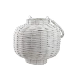 Kaemingk 17.5" Beach Day Weathered White Woven Wood Pillar Candle Lantern