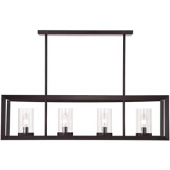 Franklin Iron Works Cove Point Oil Rubbed Bronze Linear Pendant Chandelier 34 1/2" Wide Rustic Clear Glass 4-Light Fixture For Dining Room Kitchen -Lighting Specialty Shop GUEST f7694885 b91d 4142 b79d de822be4bda4