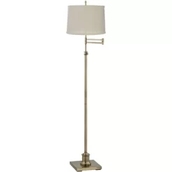 360 Lighting Modern Swing Arm Floor Lamp Adjustable Height 70" Tall Antique Brass Cream Burlap Drum Shade For Living Room Reading Bedroom
