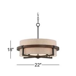 Possini Euro Design Bronze Wood Finish Pendant Chandelier 22" Wide Rustic Farmhouse Tan Fabric Drum 4-Light Fixture For Dining Room House -Lighting Specialty Shop GUEST fef36d3b d0fc 4db1 9dc9 ffe5d26747fe